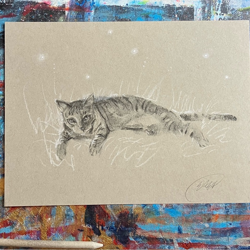 Original Cat sunbathing art handmade pastel charcoal artwork decor Artettina